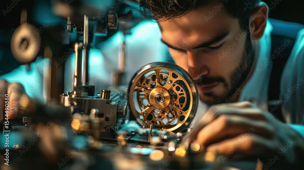 Poster a man with a beard, wearing a white shirt, is working on a mechanical device in a dimly lit workshop