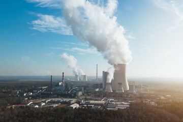 Cooling tower smoke in urban landscape