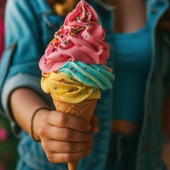 Close-up of a person holding a colorful ice cream cone with sprinkles.