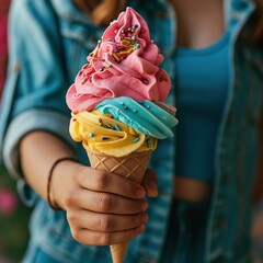 Close-up of a person holding a colorful ice cream cone with sprinkles.