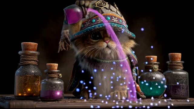 Cute magic cat reacting to potion spell and floating eyeball surprise