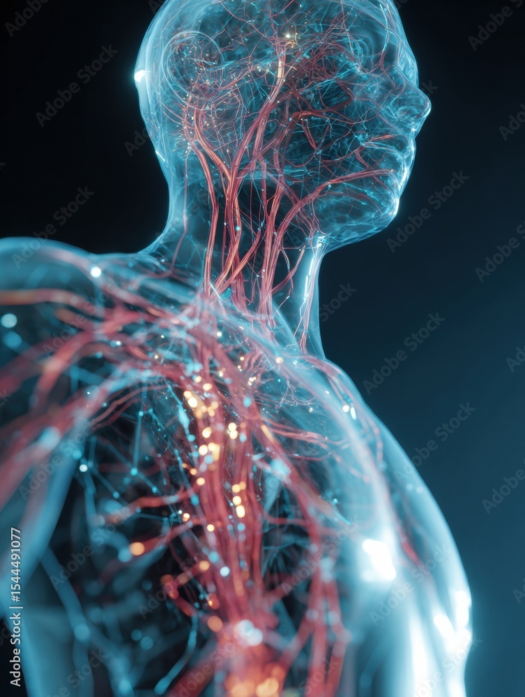 Poster Cyber-style Holographic Interface Displaying a Detailed Map of the Human Nervous System With Intricate Patterns and Glowing Pathways