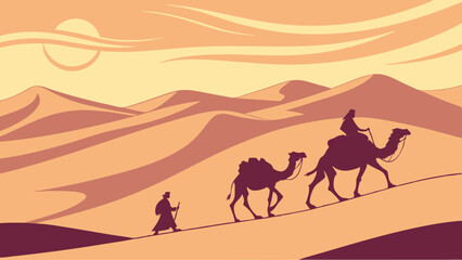 Caravan of camels and a walking man traversing a desert landscape under a bright sun and cloudy sky