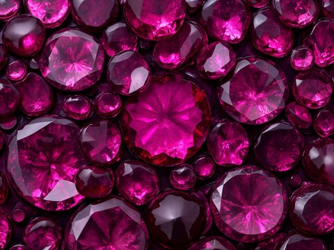 High-detail realistic jewel pattern, rubies and amethysts with precise facets, subtle internal inclusions, fluid motion of light, rich vibrant colors, elegant display.