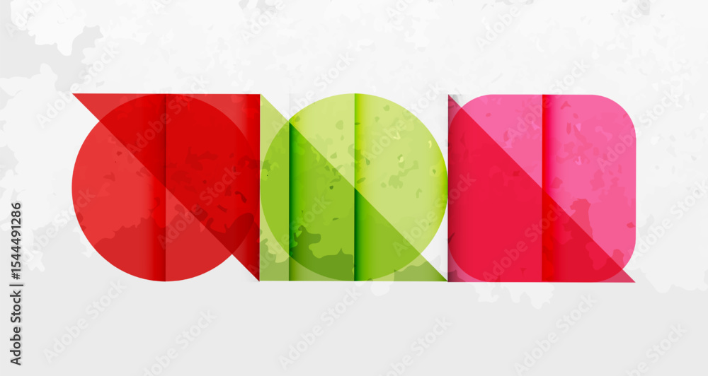 Poster abstract shapes, red, green, pink colors dominate composition. textured background adds visual inter