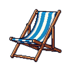 A vibrant pixel art illustration of a classic blue and white striped beach chair, perfect for summer relaxation.