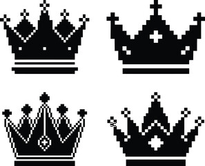 Pixel-style crown vector set - 4 royal 8-bit silhouettes, EPS JPEG PNG