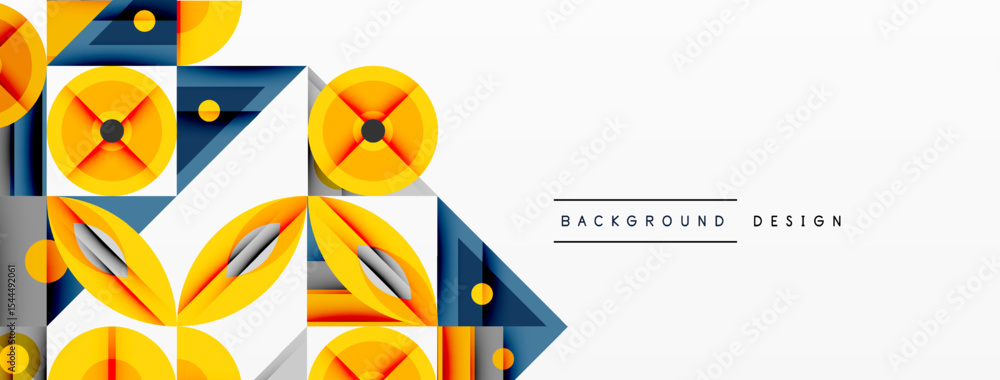 Poster geometric patterns dominate design. yellow, blue, gray shapes create modern aesthetic. minimalist st