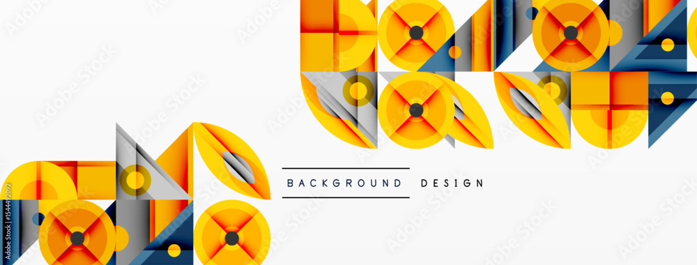 Poster Abstract geometric pattern. Orange, yellow, blue shapes overlap creating modern design. Clean lines, simple forms dominate composition.