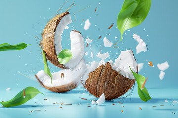 premium quality image of Coconut break with leaves on blue background