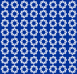 A seamless geometric pattern of atom-like floral motifs in white over a deep blue background, evoking symmetry, science, and cultural elegance in design.