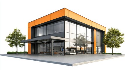 A modern, orange and black building with large glass windows and a flat roof, surrounded by trees and a sidewalk.