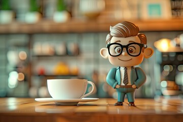 Vibrant Color Picture of 3D Rendering of Cartoon Character Businessman with Glasses in a Cafe