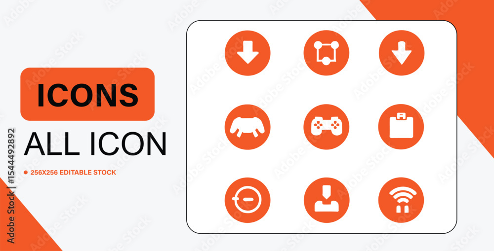 Poster collection of orange and white iconography for design projects and user interfaces