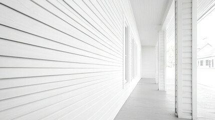 Naklejka premium A white wooden porch with white pillars and a white roof, featuring a white wooden wall with white siding and a white wooden floor.