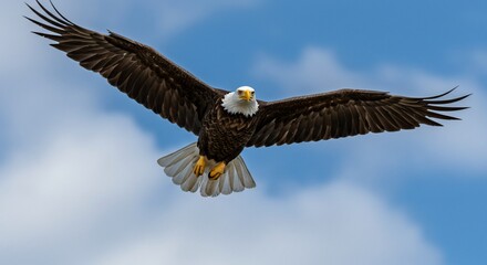 Obraz premium Majestic Bald Eagle soars against a backdrop of blue sky and wispy clouds