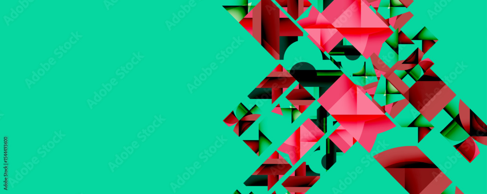 Poster abstract geometric shapes, vibrant turquoise background, pink red fragments create dynamic compositi