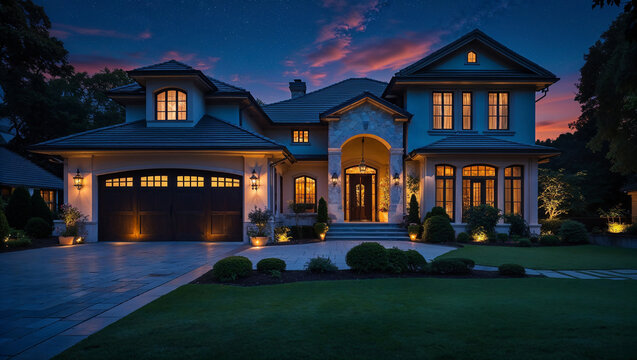 Luxurious single family home exterior at twilight with landscaping and illumination