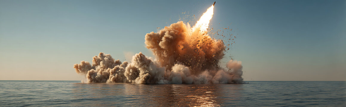 Powerful submarine-launched ballistic missile breaking through ocean surface with visible shock diamonds in supersonic exhaust plume, seawater vaporizing into dramatic mist clouds during low-angle mil