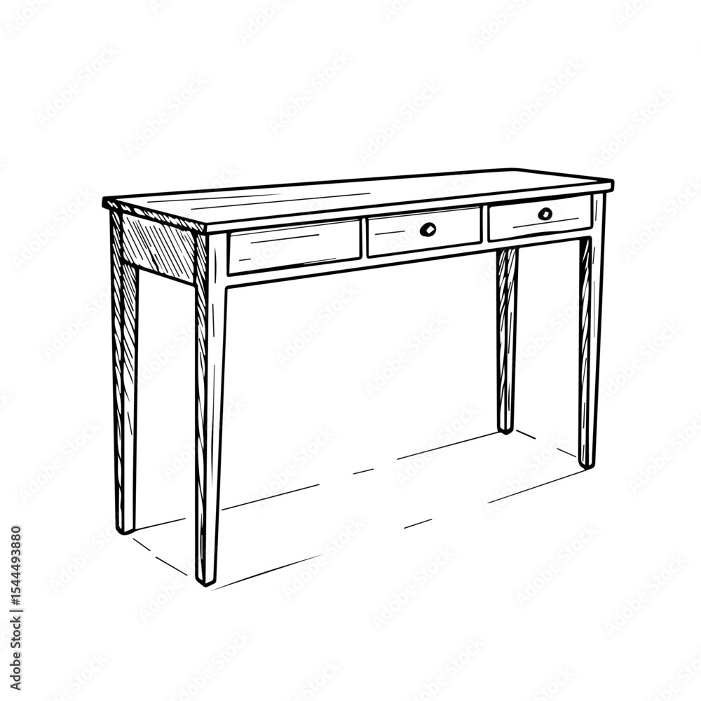 Poster console table with three drawers sketch. simple console table design with three drawers and straight