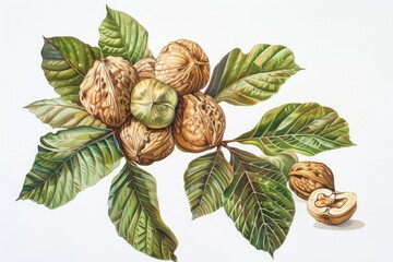 High Detail Picture of a Drawing of a Bunch of Walnuts with Green Leaves