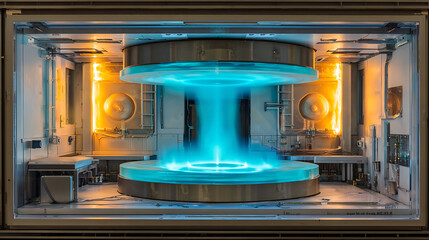 Prototype fusion reactor core overload with miniature plasma mushroom cloud inside transparent containment chamber, glowing neon blue and gold energy waves creating chaotic scientific atmosphere.