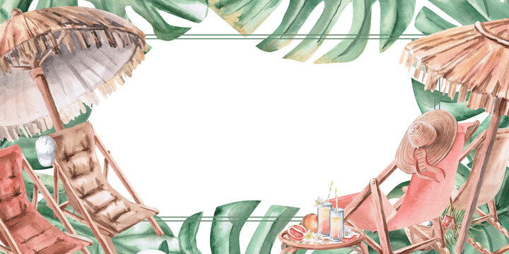 Rectangular frame on the theme of summer holidays. Isolated watercolor illustration with beach umbrellas and chairs, green leaves for decorating summer menu, photos, party invitations.