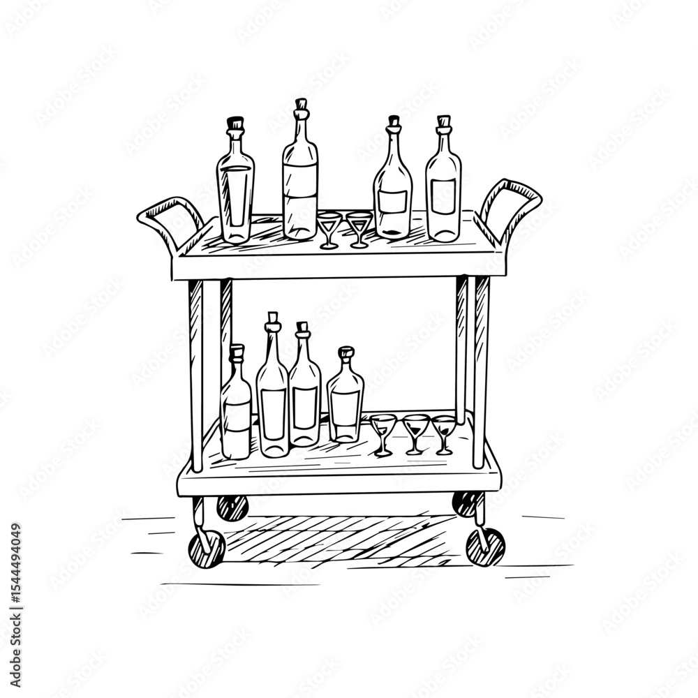 Poster drink cart with wine bottles and glasses. bar cart illustration showing various bottles of wine and 