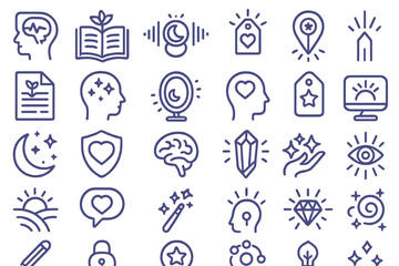 Mindfulness and wellness icon set with crystals, brains, and sparkles