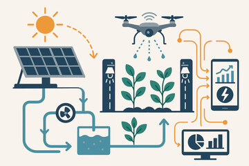 Smart farming infographic with solar power, irrigation, and data tech