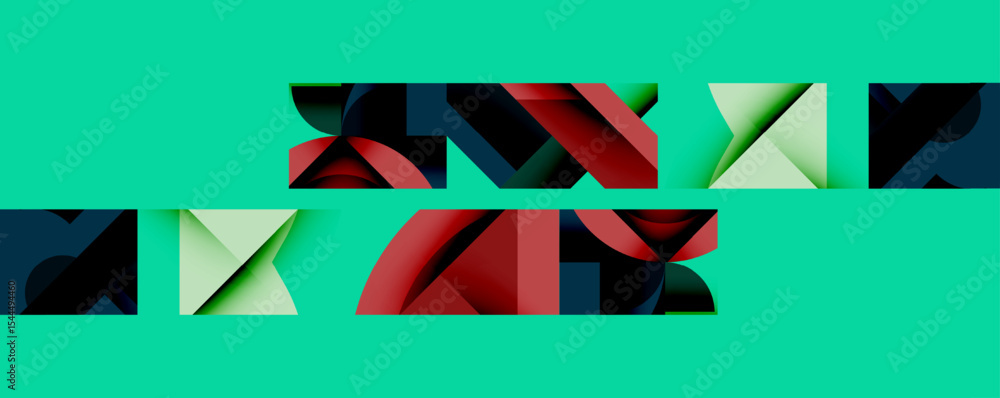 Poster Abstract geometric shapes overlap turquoise background. Red, green, dark blue forms create dynamic composition. Minimalist design.