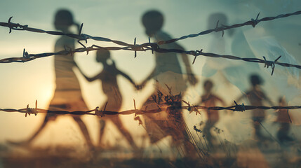 Double exposure silhouette of barbed wire with transparent overlay of diverse children playing in slow motion, vintage faded filter effect, conceptual contrast of freedom and restriction.