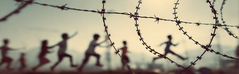 Double exposure silhouette of barbed wire with transparent overlay of diverse children playing in slow motion, vintage faded filter effect, conceptual contrast of freedom and restriction.