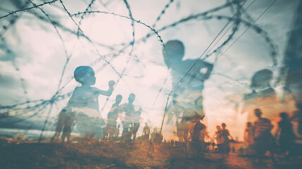 Double exposure silhouette of barbed wire with transparent overlay of diverse children playing in slow motion, vintage faded filter effect, conceptual contrast of freedom and restriction.