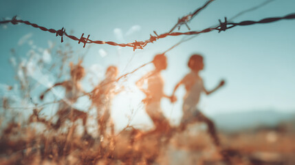 Double exposure silhouette of barbed wire with transparent overlay of diverse children playing in slow motion, vintage faded filter effect, conceptual contrast of freedom and restriction.