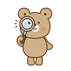 虫眼鏡で観察するかわいいくまのイラスト（ベクター）