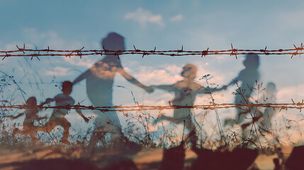 Double exposure silhouette of barbed wire with transparent overlay of diverse children playing in slow motion, vintage faded filter effect, conceptual contrast of freedom and restriction.