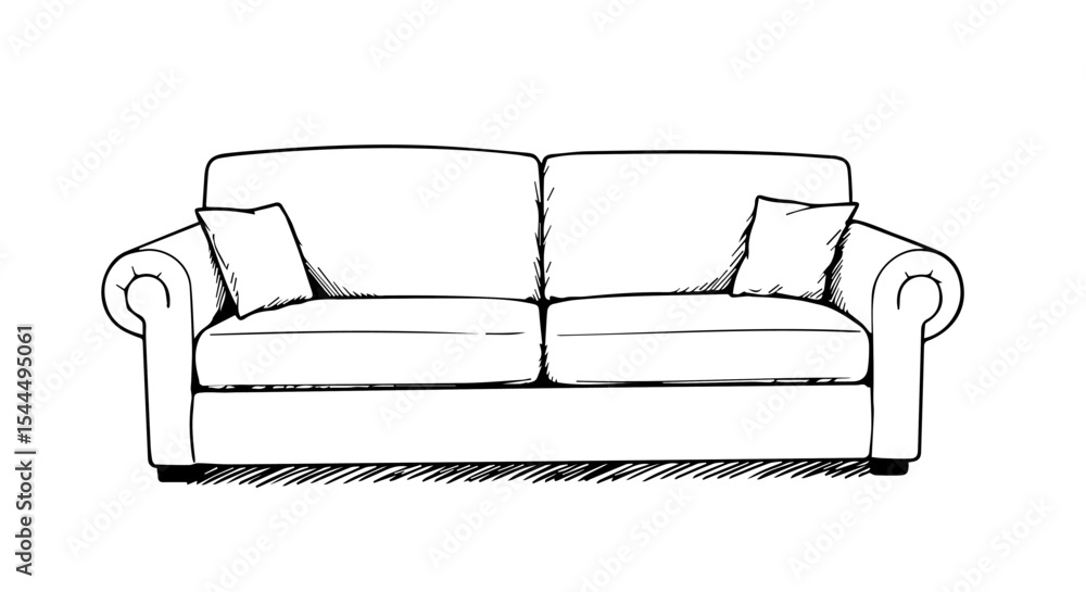 Poster classic sofa sketch with two cushions and rolled arms. sofa illustration showing simple design and c