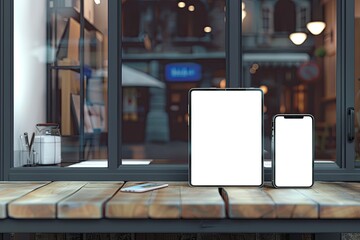 Premium Quality Image of Blank Tablet and Smartphone Screen in a Small Business Shop