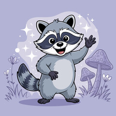 Cartoon Raccoon with Sparkling Mushrooms