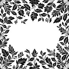 Black and white floral frame with leaves and branches. Elegant monochrome botanical illustration featuring various plant elements arranged in a border.