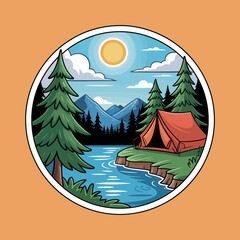 Mountain River with Tent and Beautiful Sky