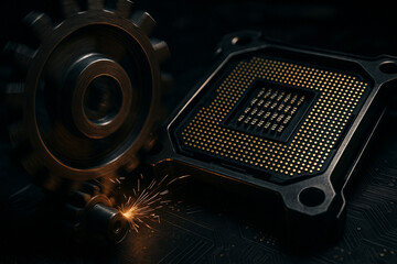 Close-up of rotating gear creating sparks beside golden processor pins on motherboard