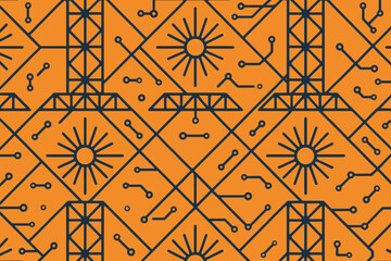 Seamless orange pattern with lattice towers, suns and circuit lines
