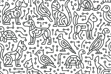 Obraz premium Seamless pattern of robotic animals in circuit board style