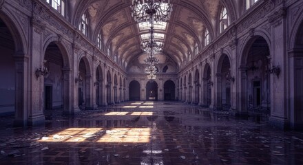 Abandoned ballroom with chandeliers and arched architecture filled with debris and water damage on...