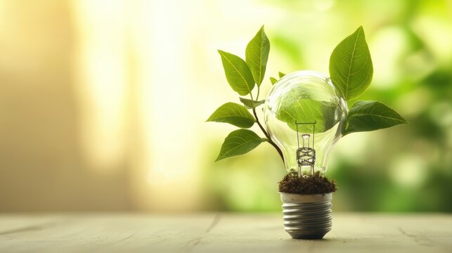 A green and red leafy plant growing inside a light bulb, with a blurred green background.