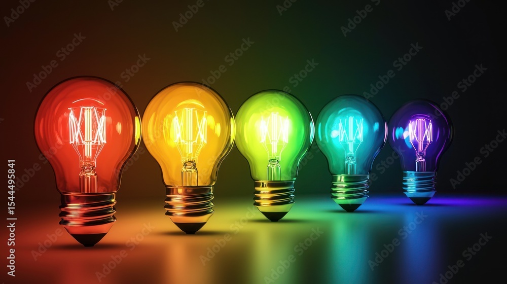 Poster a colorful array of light bulbs illuminated in vibrant colors against a dark background.