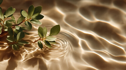 Gentle water ripples and leaf shadows on smooth beige surface, elegant background for skincare and wellness themes