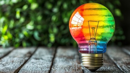 A colorful light bulb with a rainbow pattern on a wooden table with greenery in the background.